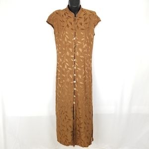 Vintage Maxi Dress Button Up Asian Chinese Brown 90s 80s Y2K Jacquard Kate Moss